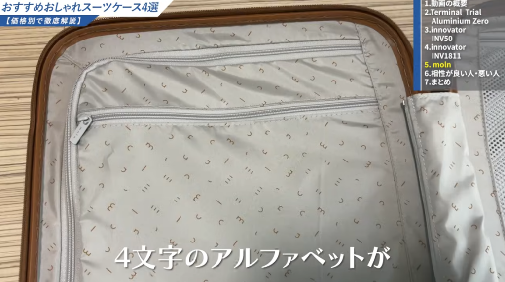 内装の生地には「MOLN」の4文字のアルファベット