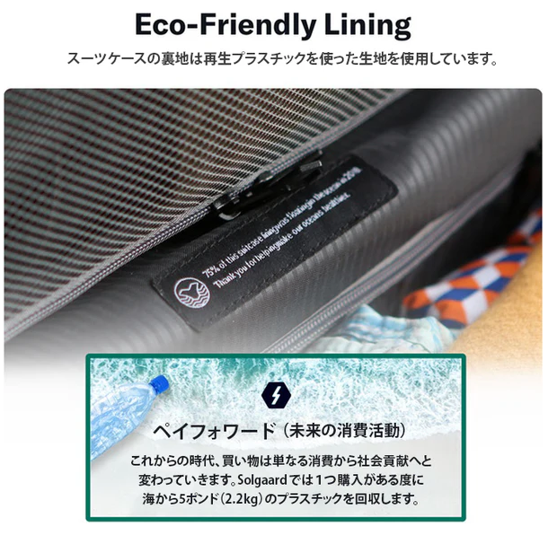 裏地には海洋プラスチックをリサイクルした生地